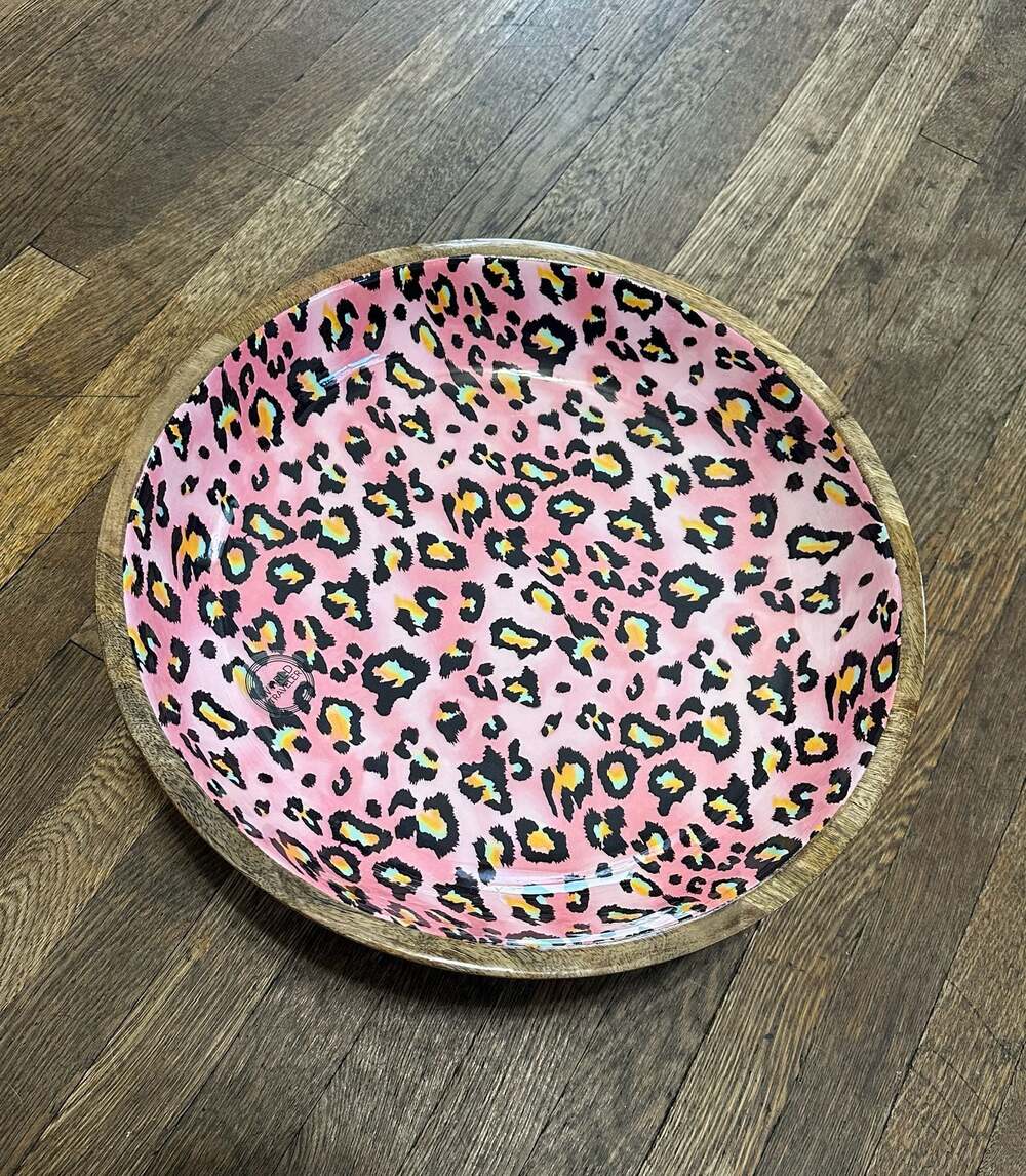 World Traveler Pink Leopard Print Mango Wood Footed Decorative Bowl